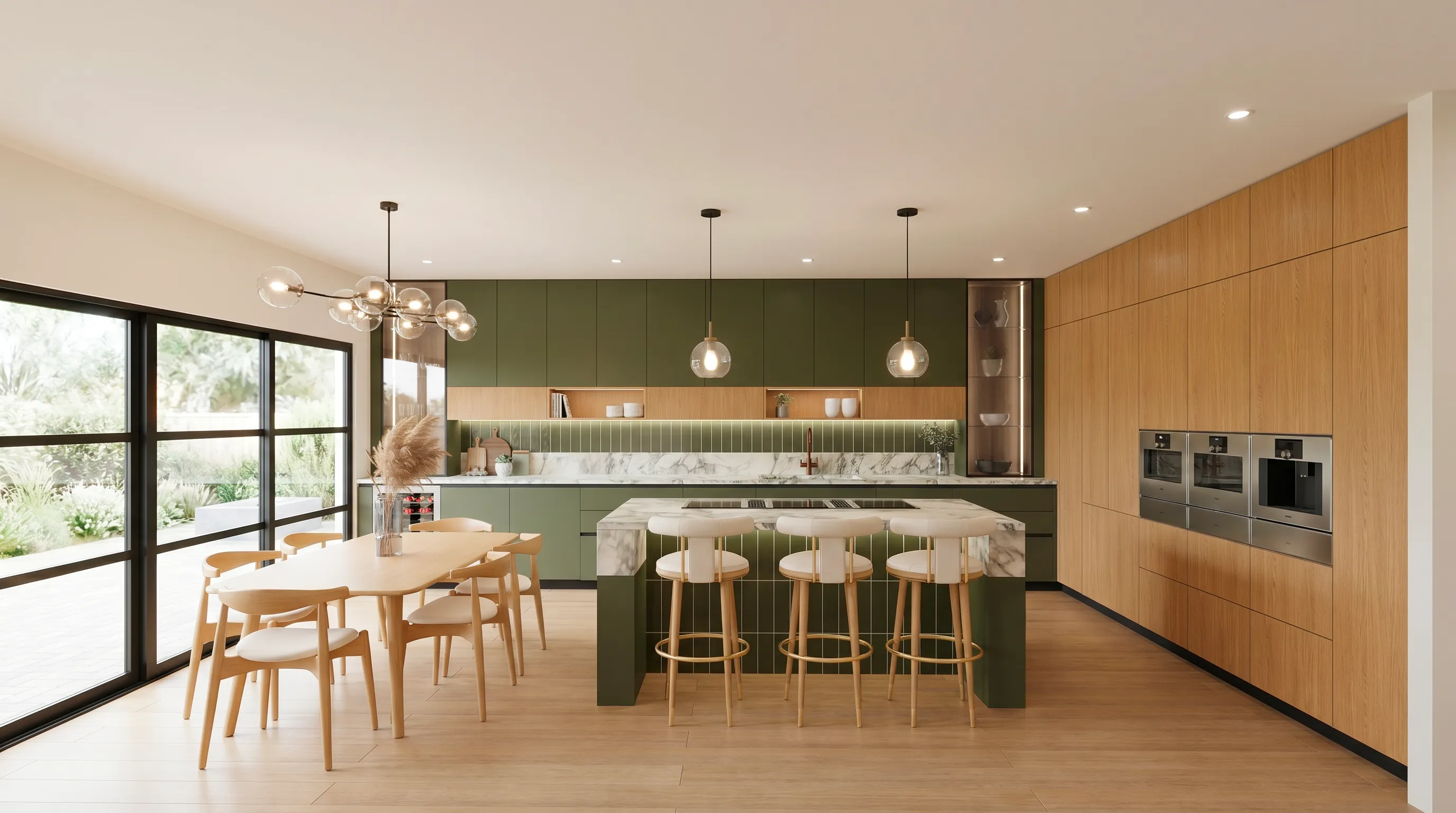 Photorealistic 3D render of an open-plan kitchen with green and oak cabinetry
