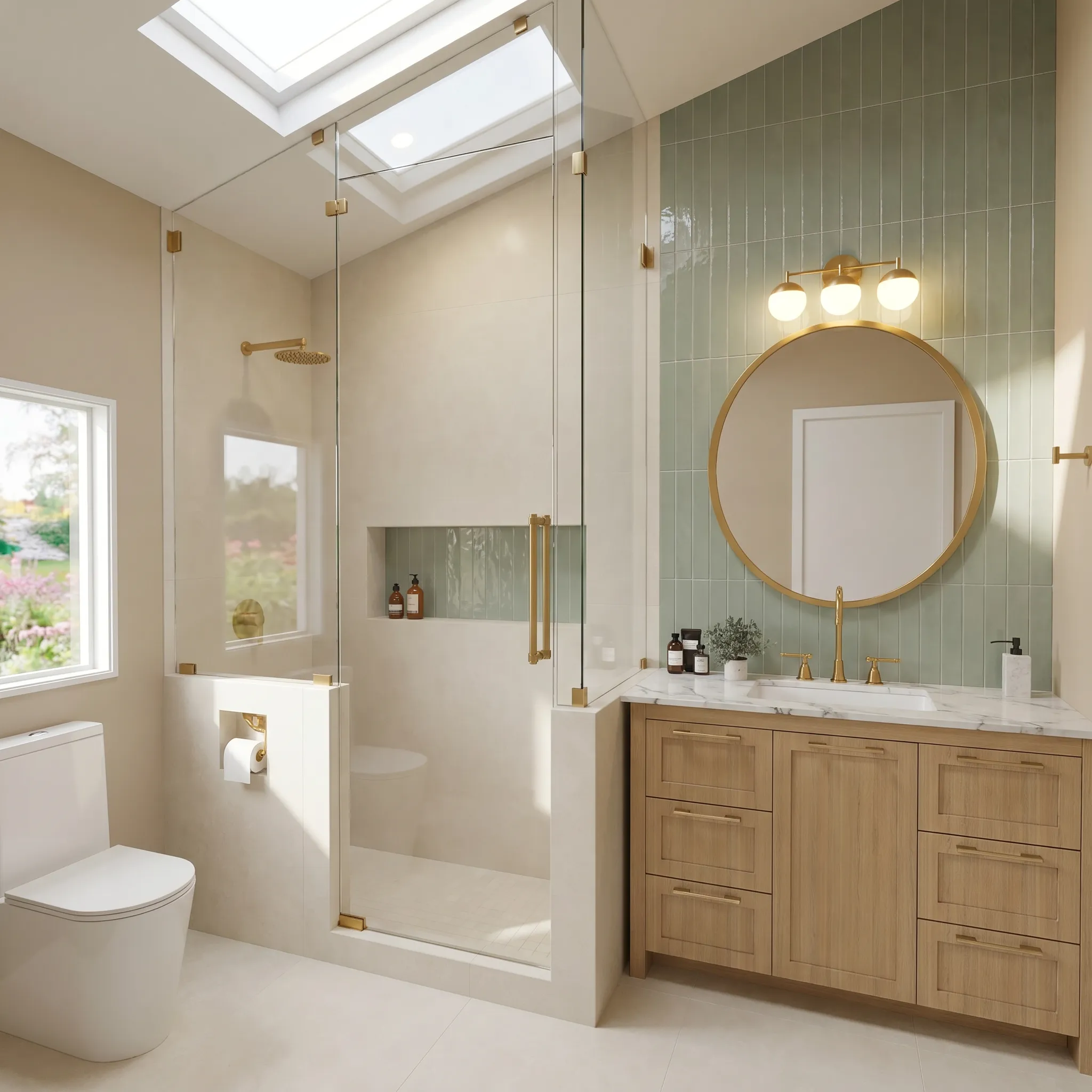 3D render of a bathroom with sage green tile, a skylight, and a round mirror