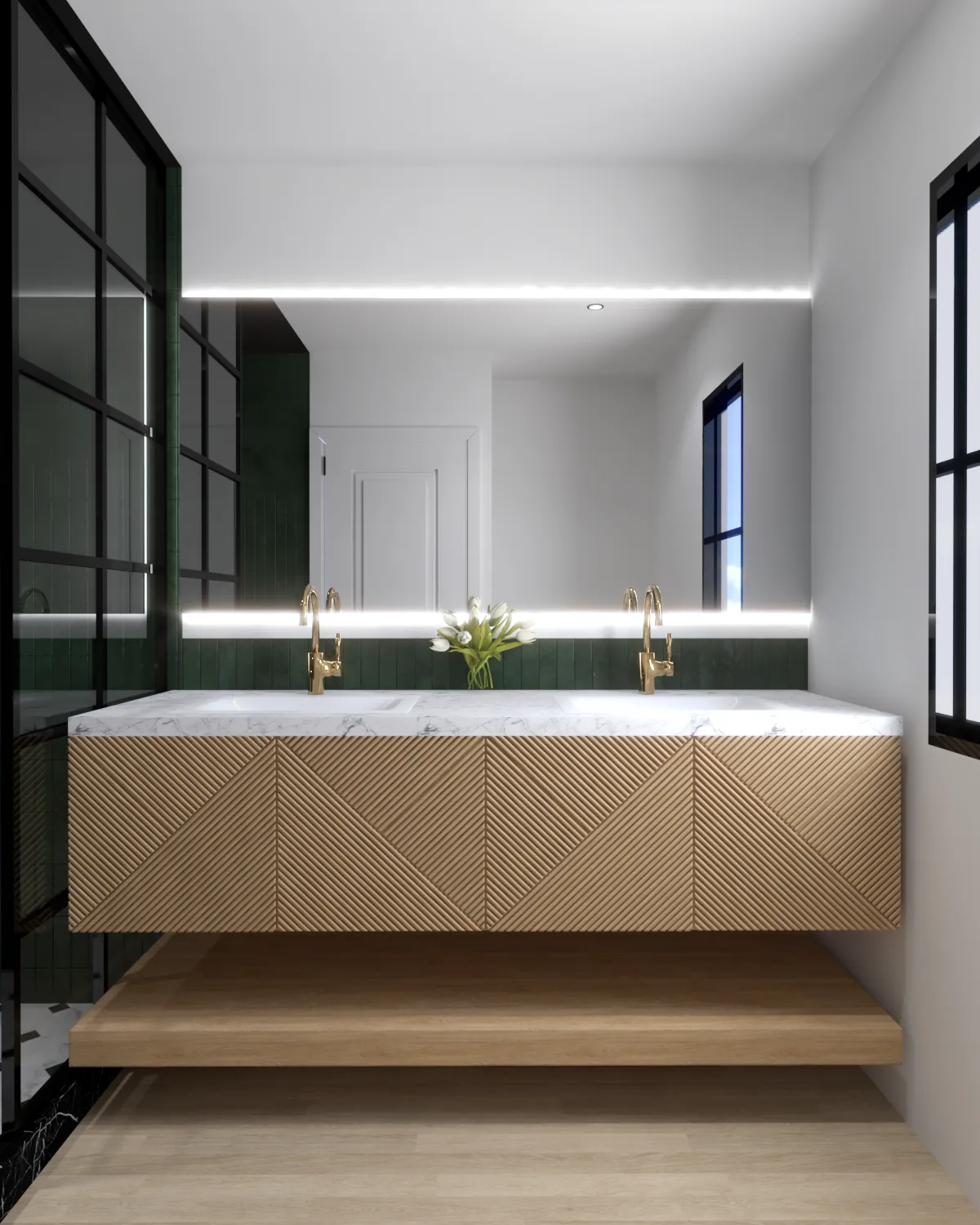 3D render of a bathroom with green tile, a fluted oak floating vanity, and a black-grid window
