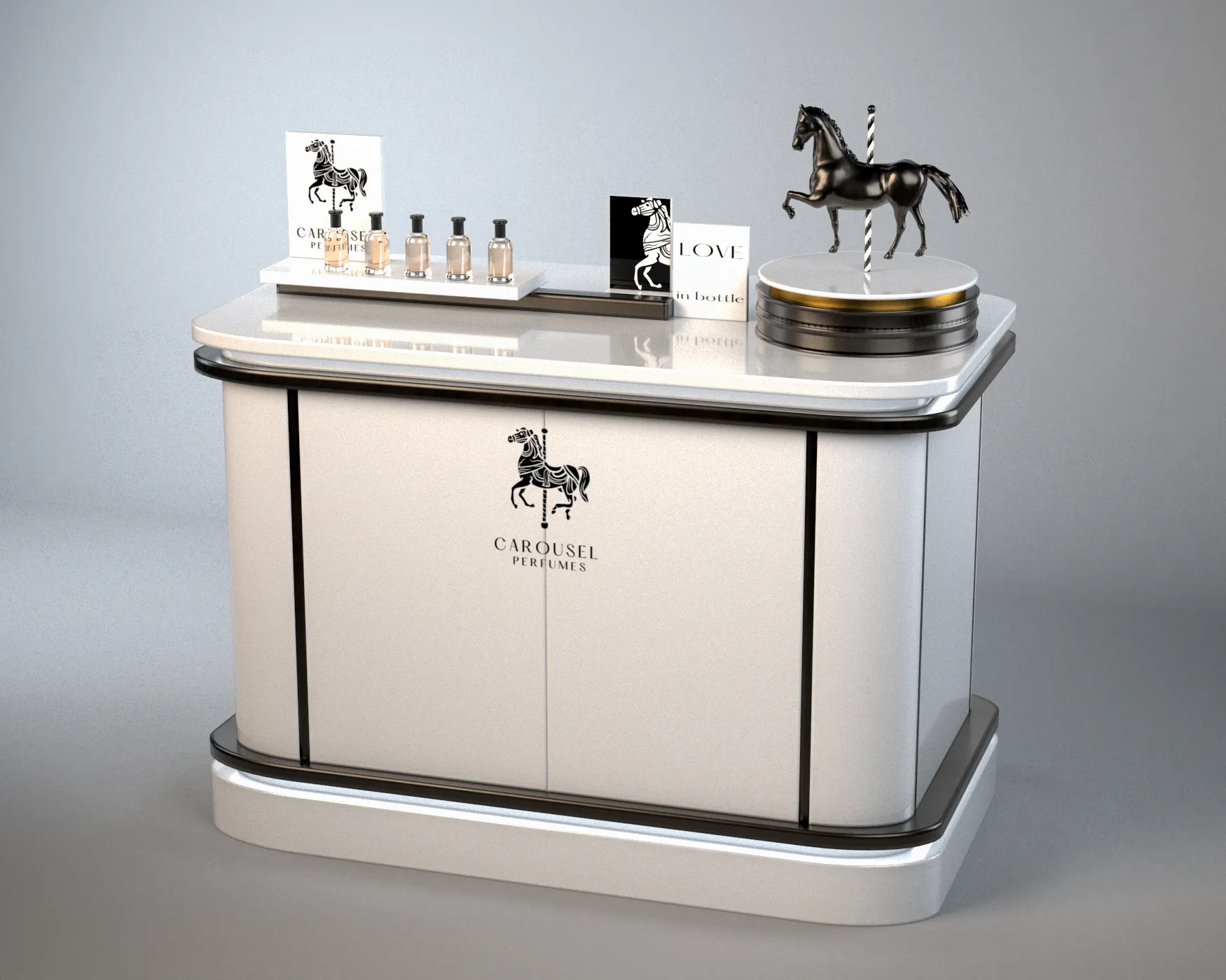 3D render of a retail display counter for a perfume brand