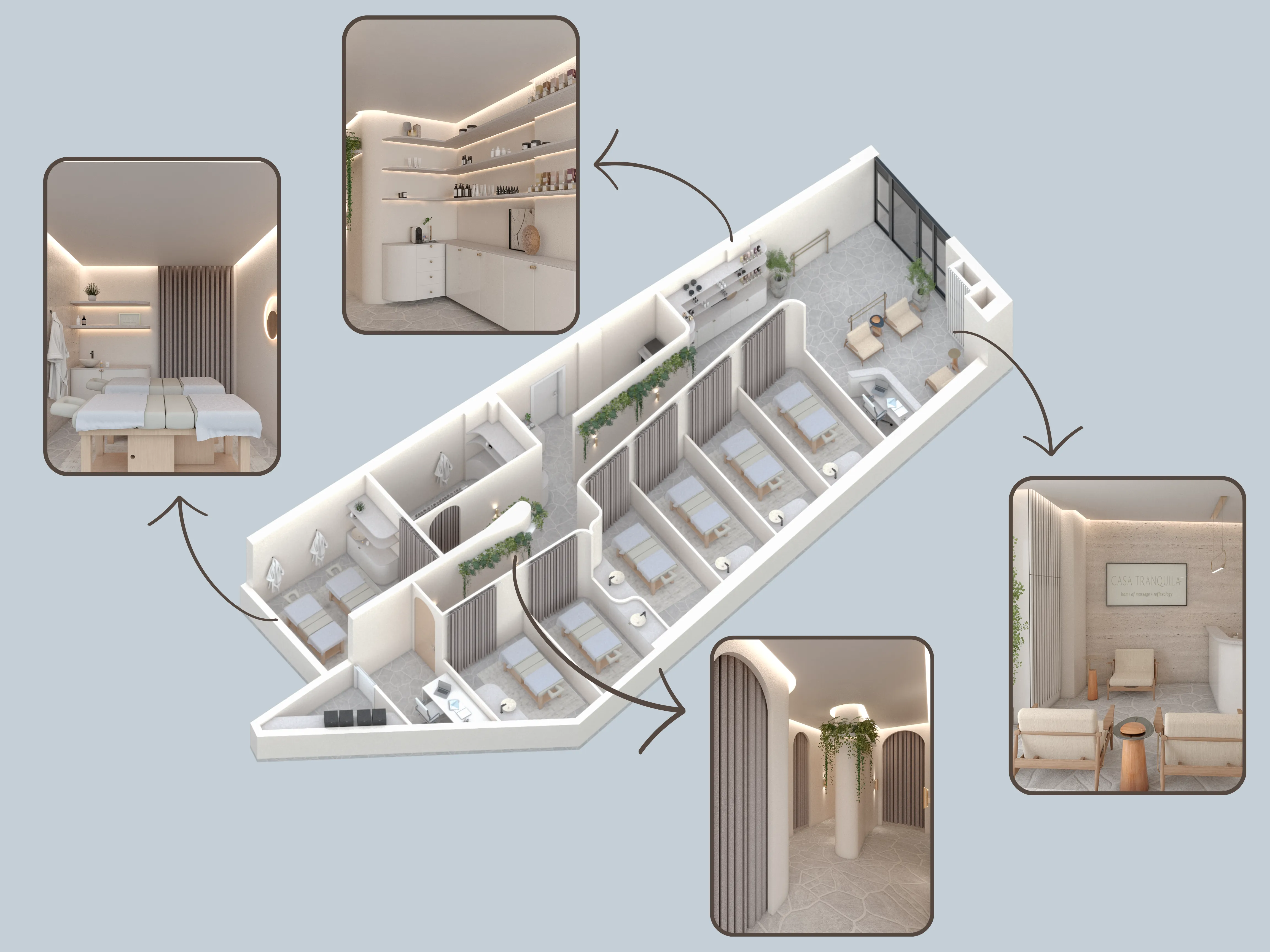 3D isometric plan of a spa with treatment rooms