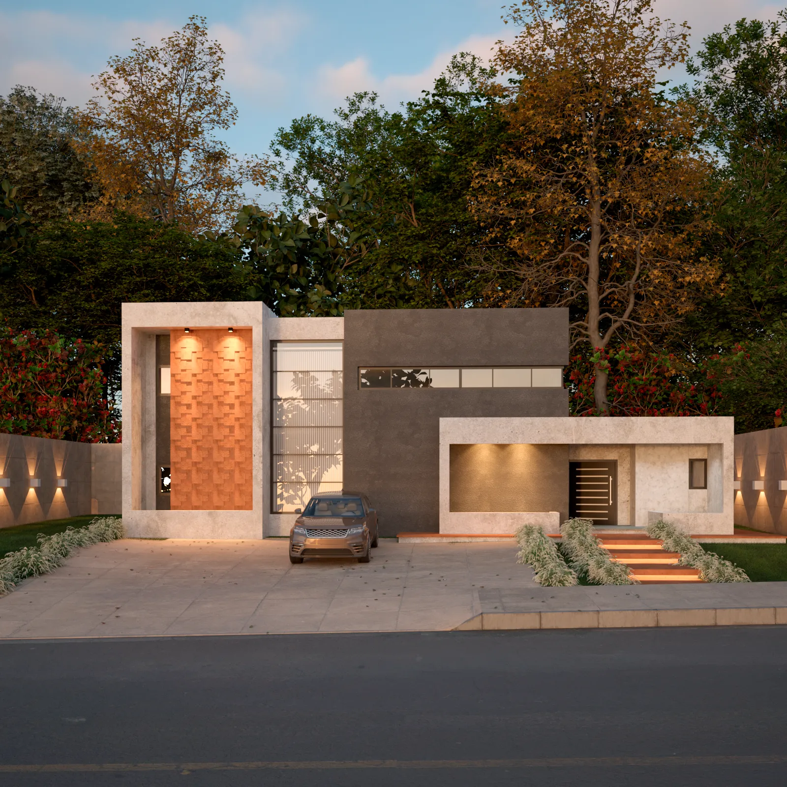 3D exterior render of a modern two-tone concrete home at dusk