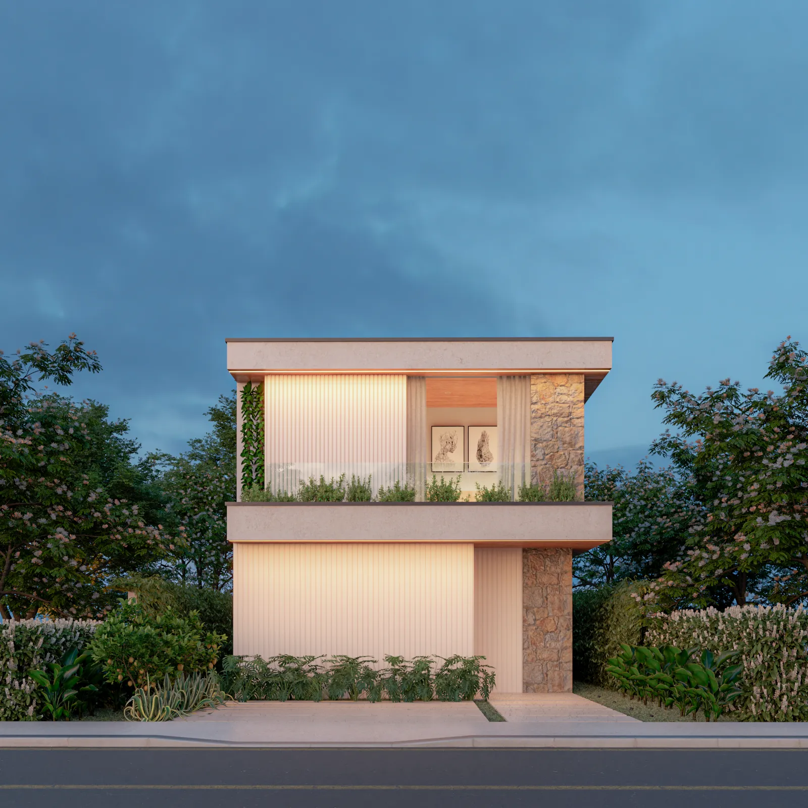 3D architectural visualization of a modern home at twilight