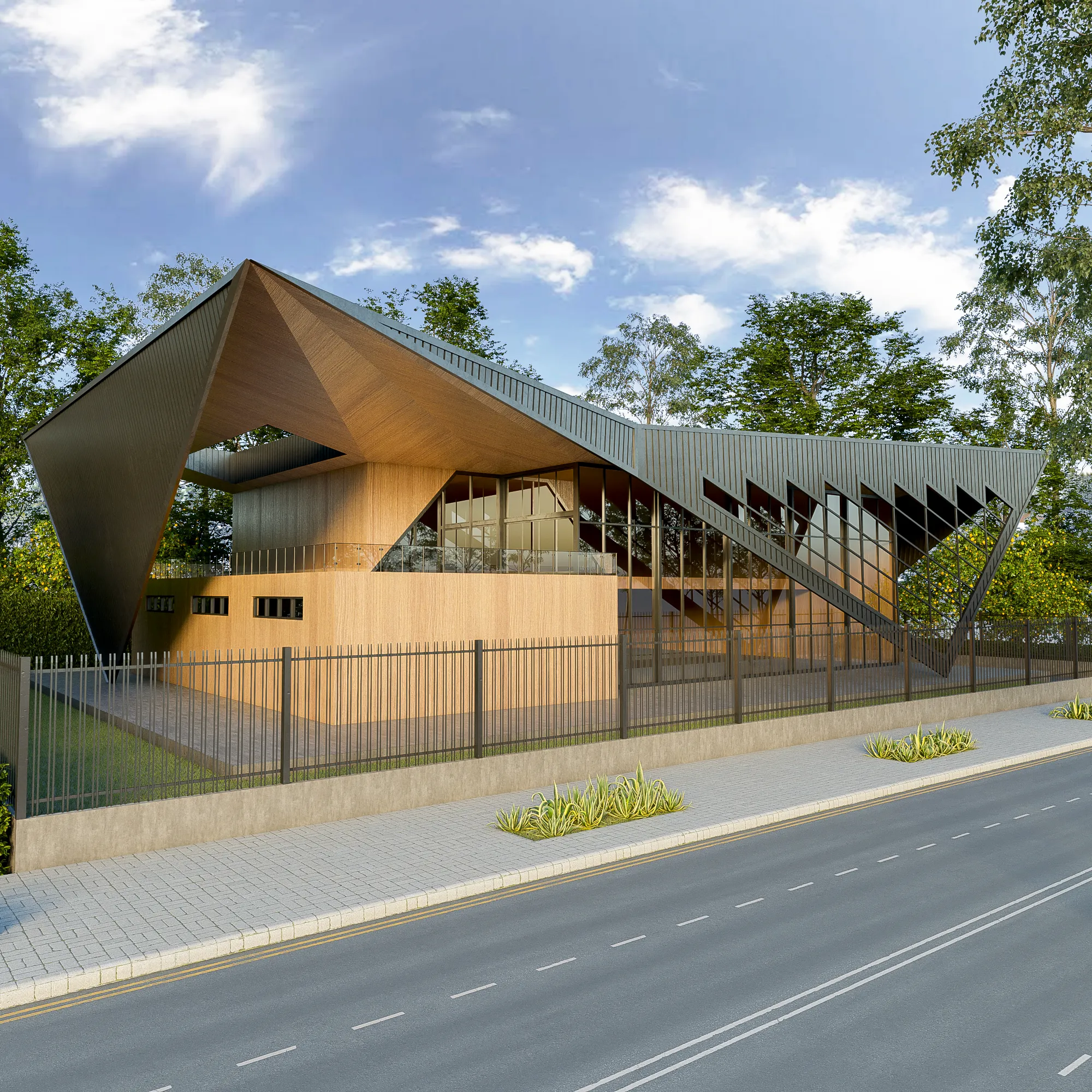 3D exterior render of a contemporary building with a dramatic folded metal roof, timber, and glass