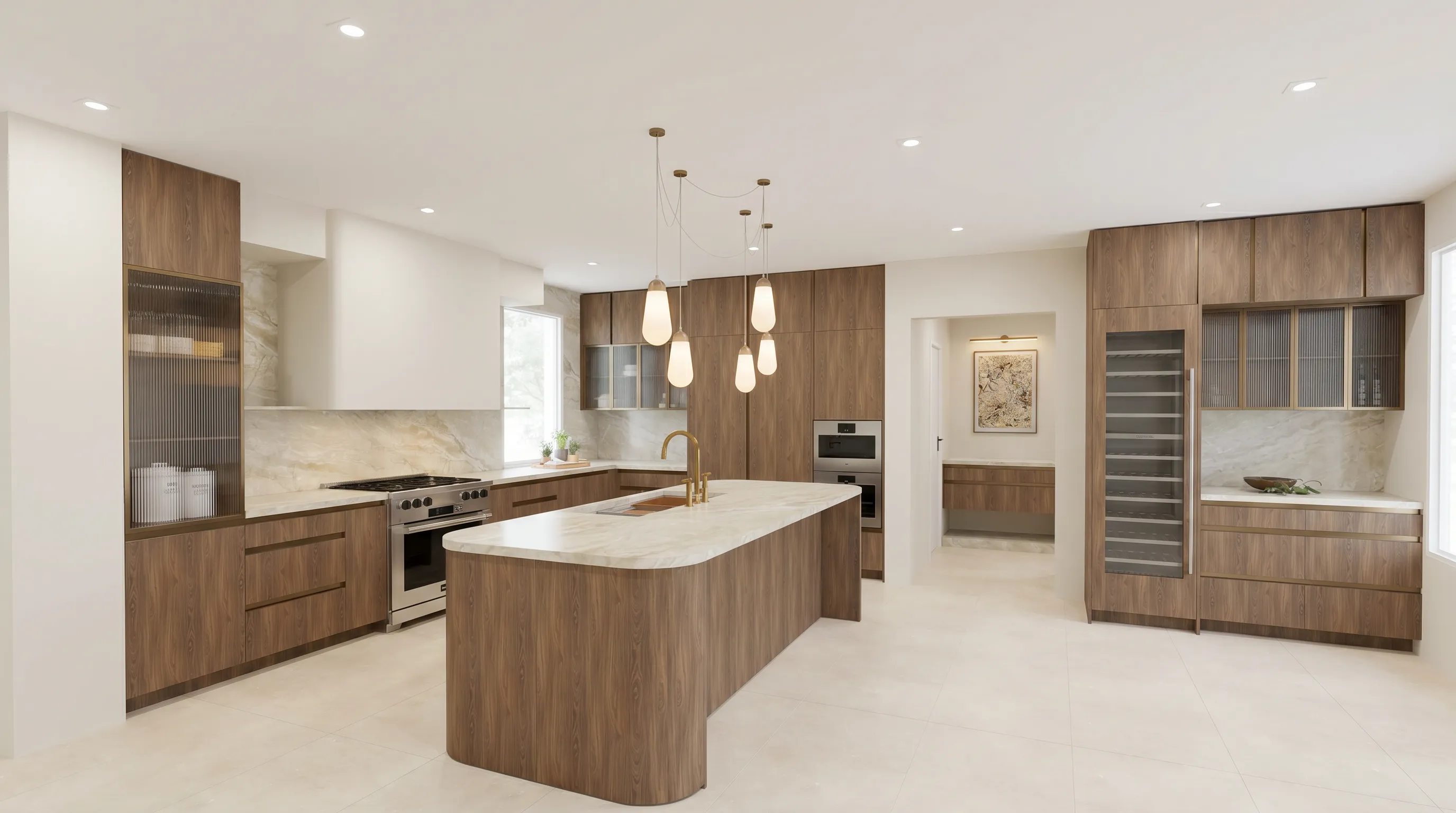 3D interior render of a walnut kitchen with a large island, glass pendants, and a built-in wine wall
