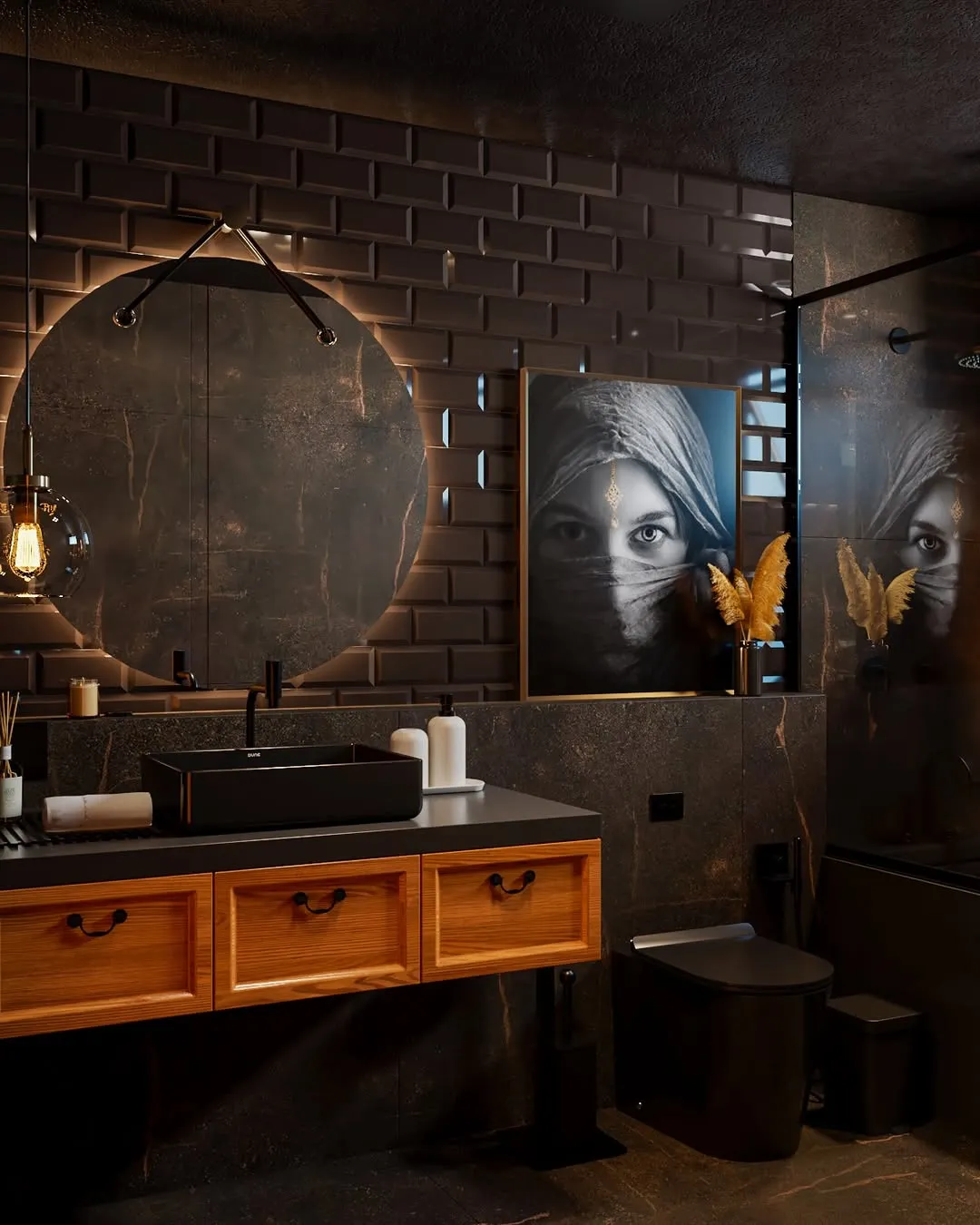 3D render of a moody dark bathroom with bronze tile and a round mirror