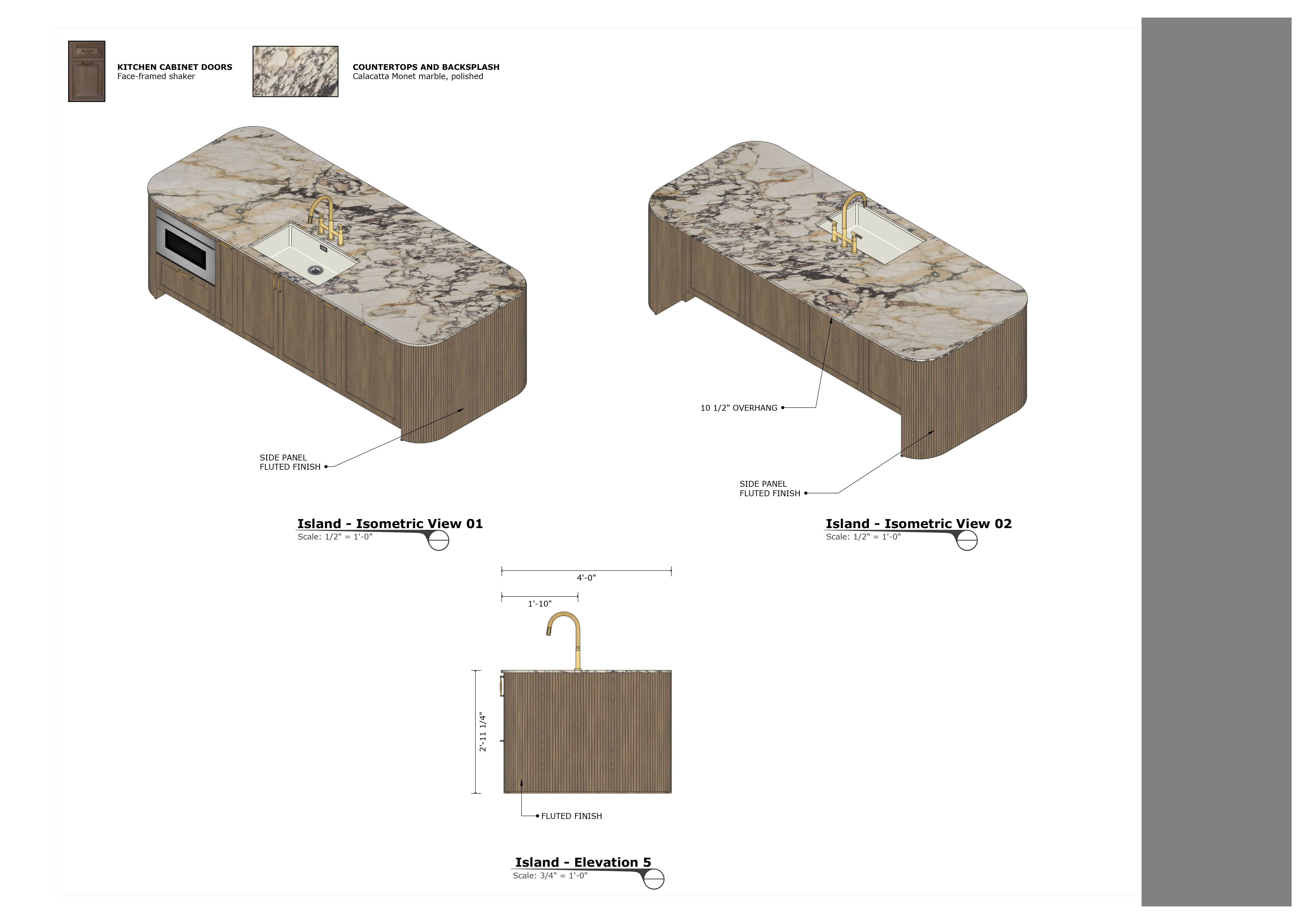 Kitchen island isometric views and elevation