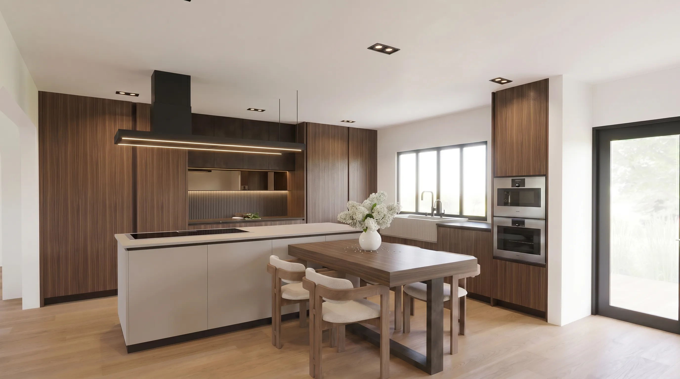 3D render of a walnut kitchen with a white waterfall island and an attached dining table