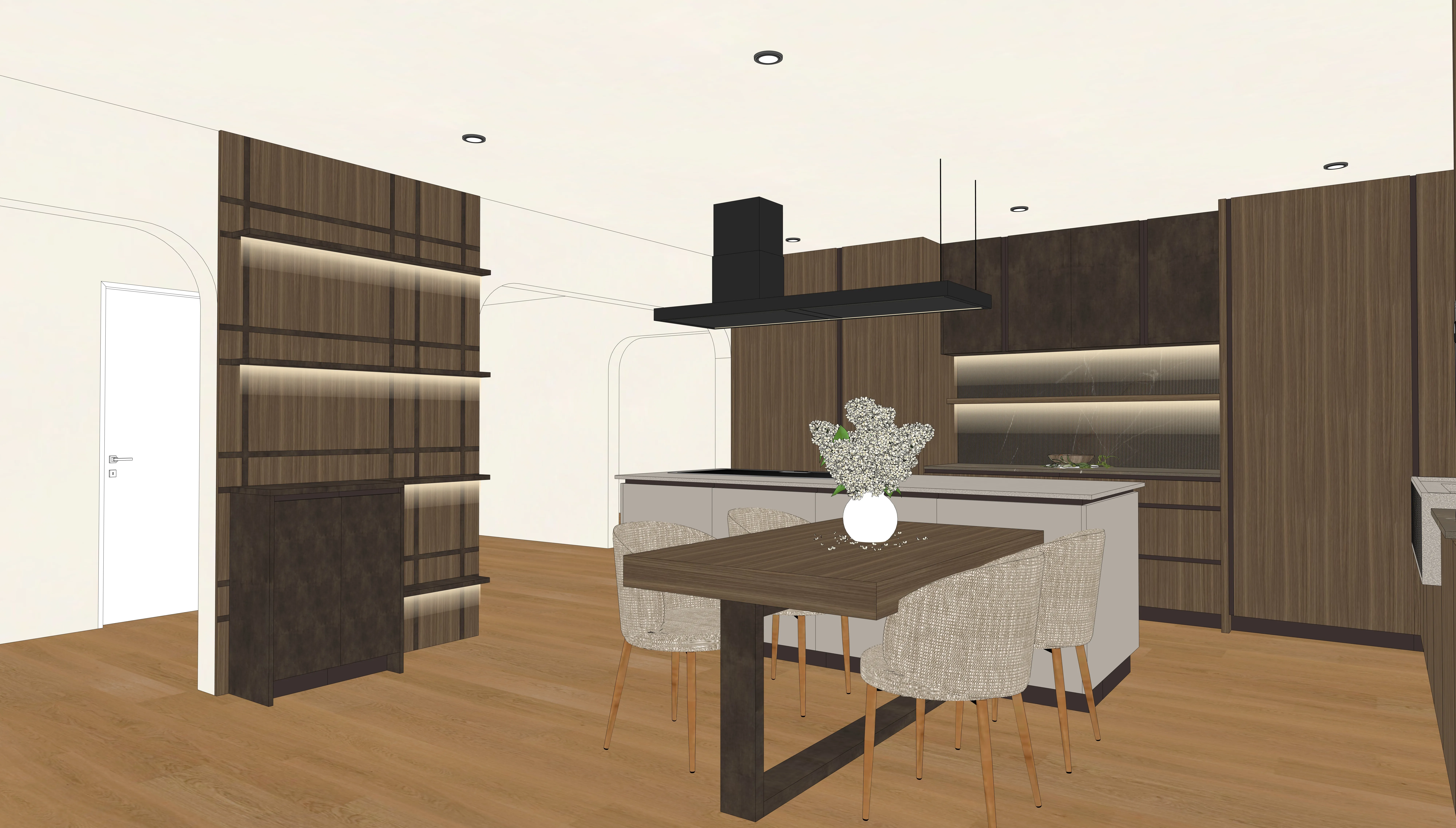 Photorealistic 3D render of the same kitchen