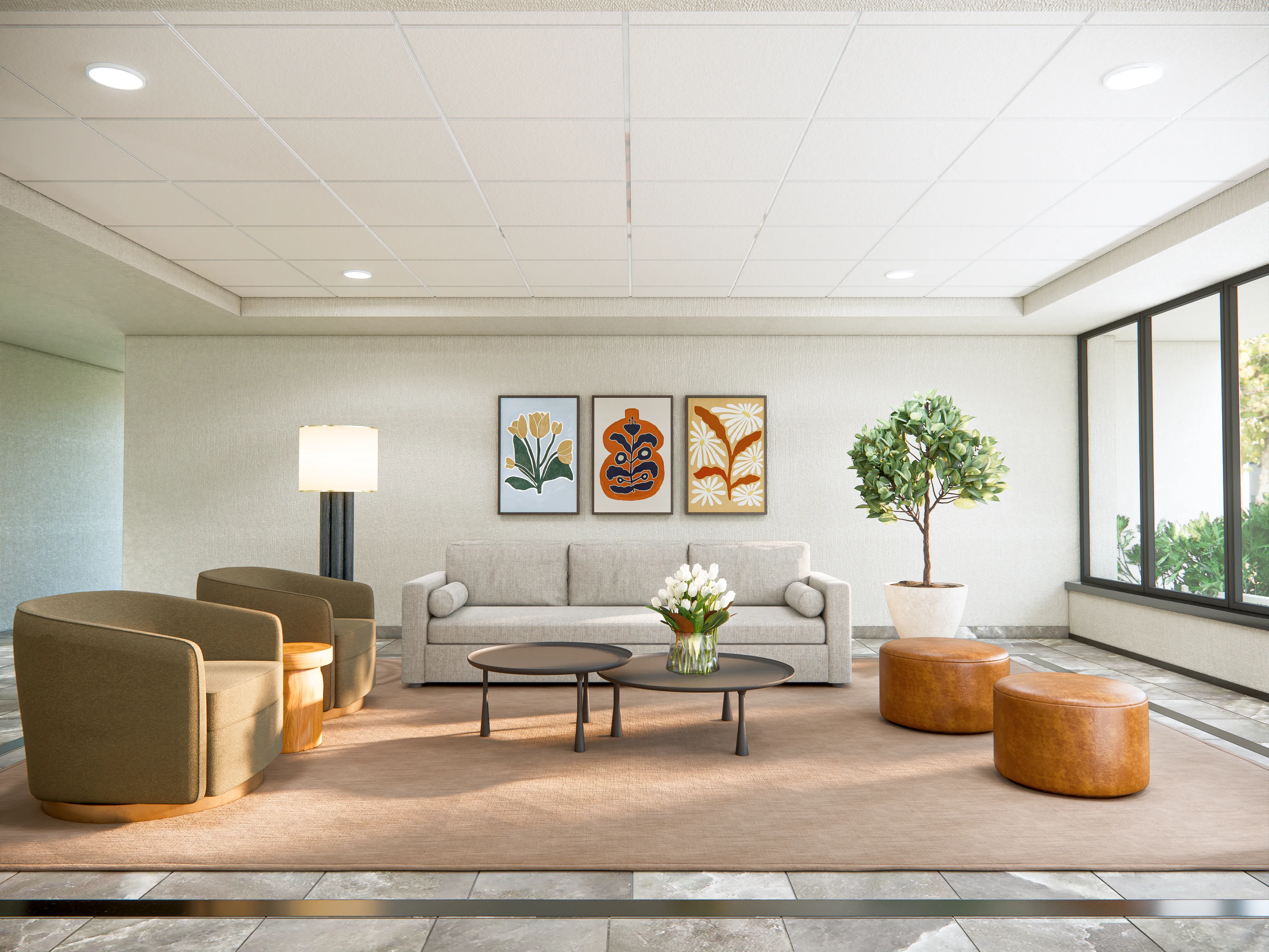3D render of a commercial office lobby with lounge seating