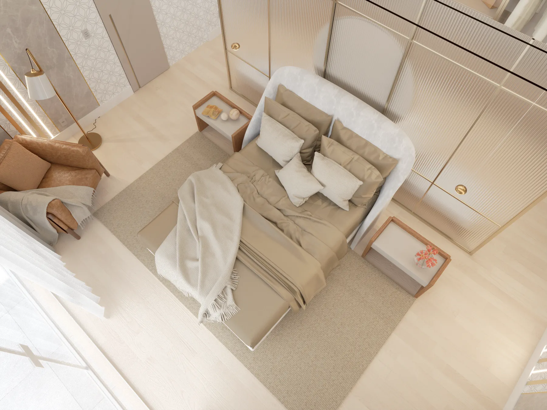3D render of a cream and gold bedroom seen from above with a low platform bed