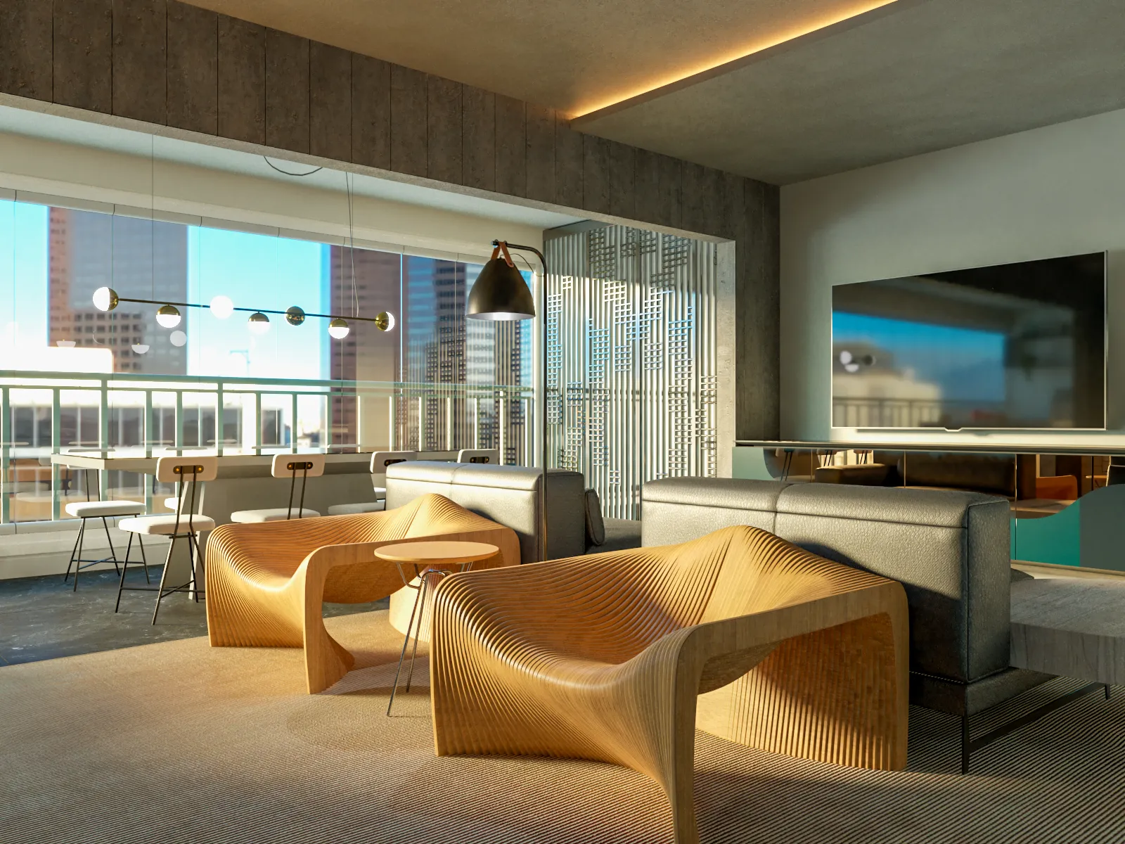 3D render of a media lounge with sculptural wood chairs and a city view