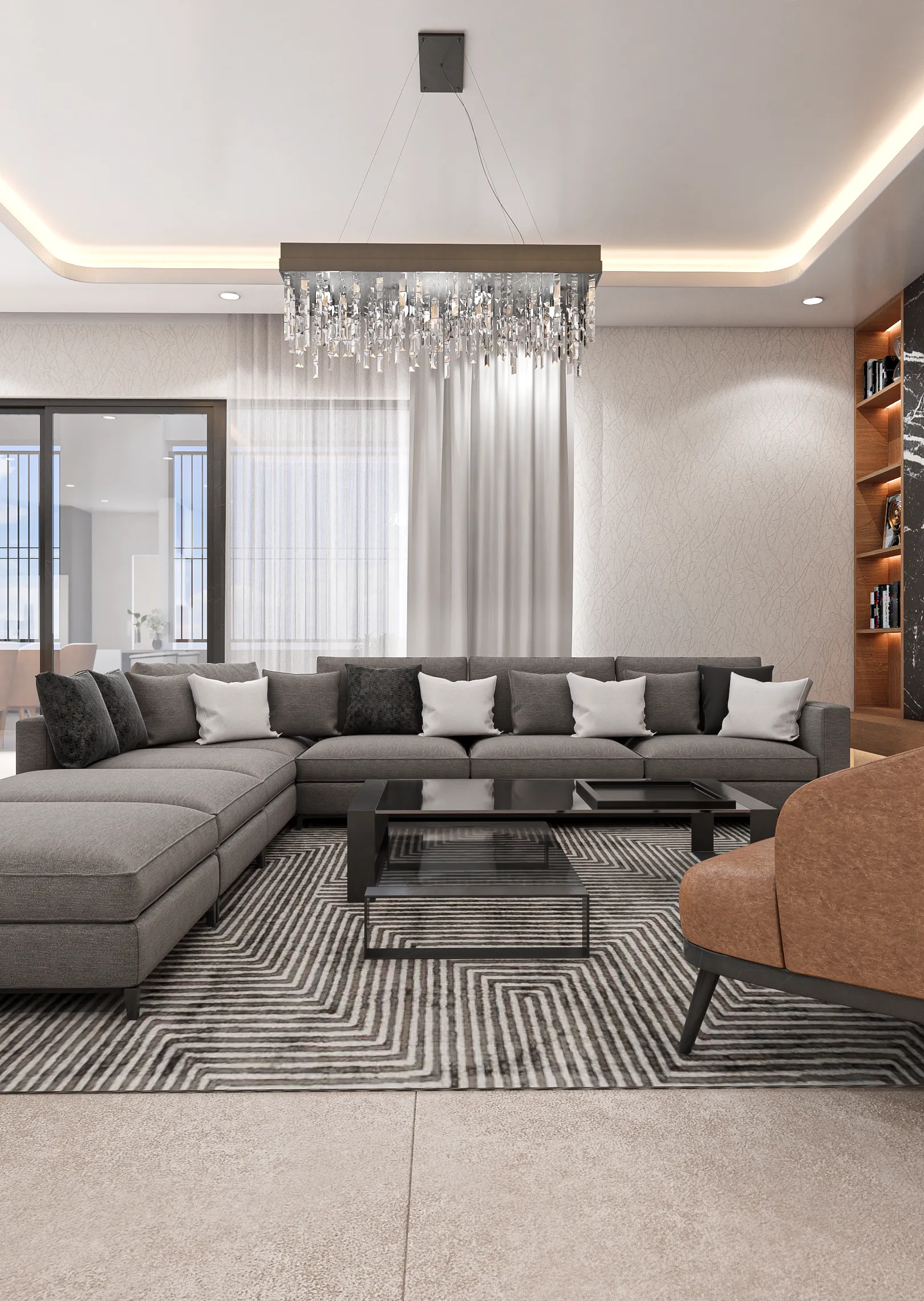 3D render of a living room with a large grey sectional and a crystal chandelier