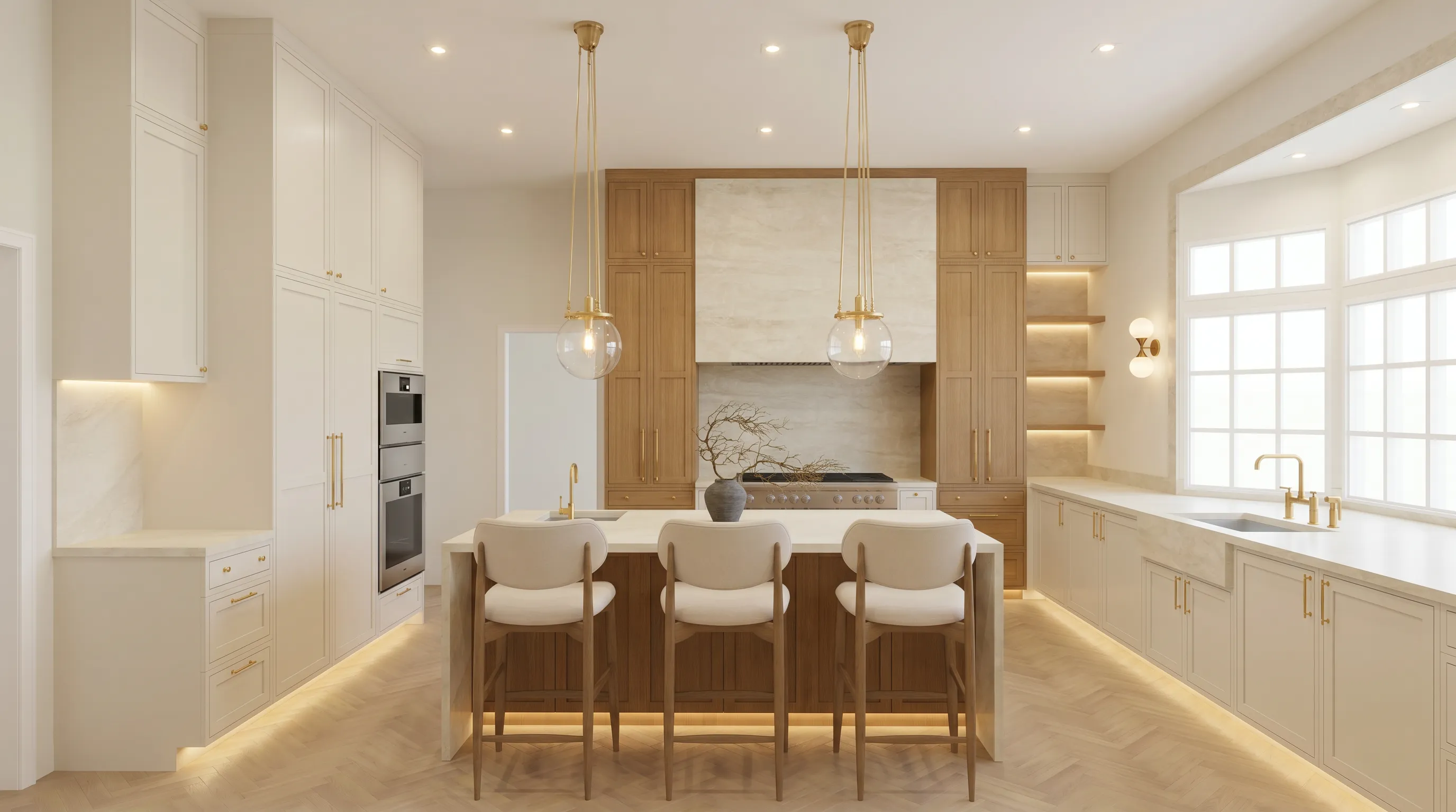 Photorealistic 3D render of a warm white-and-wood kitchen with gold pendants and a marble island