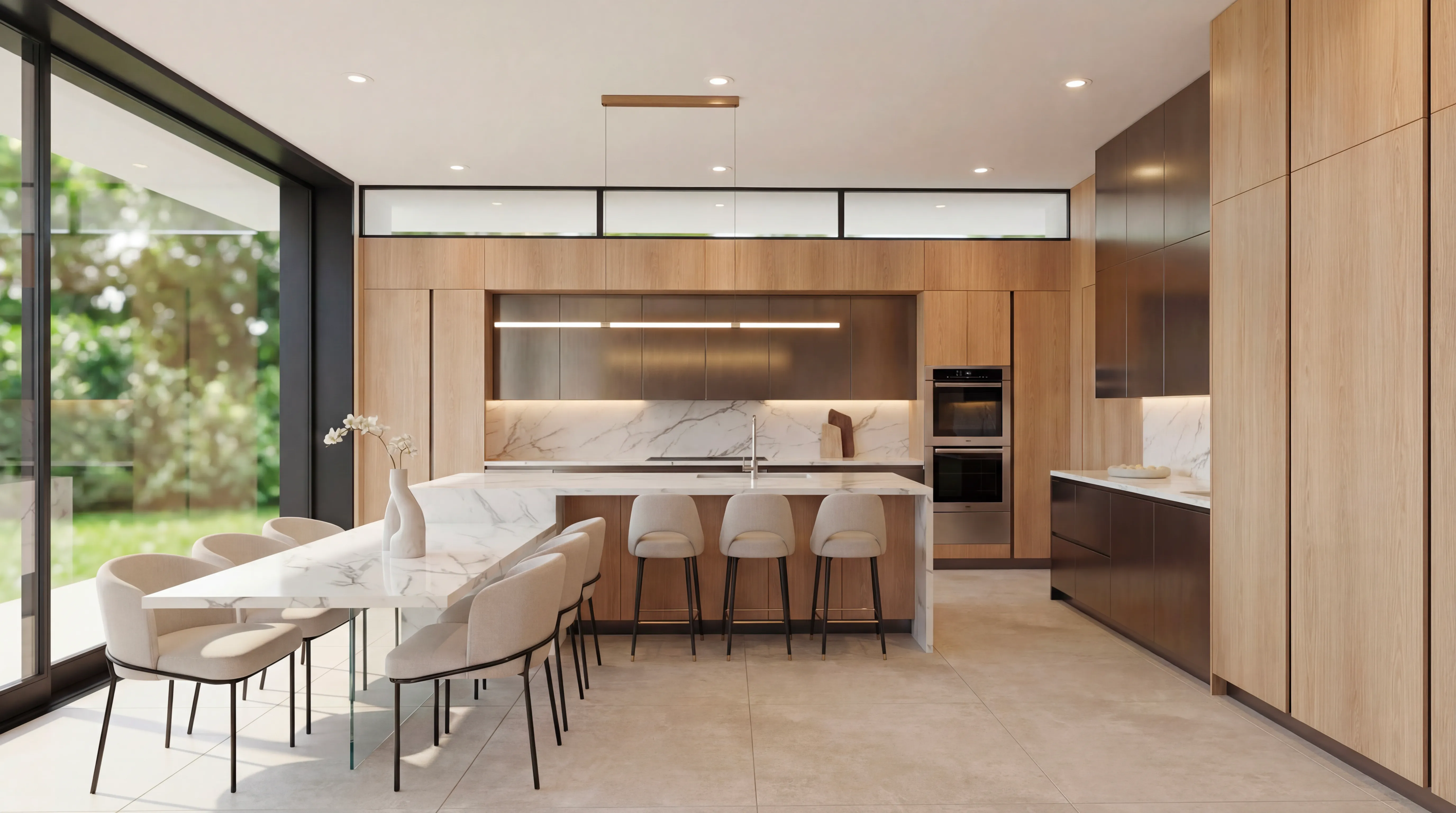 3D render of a wood kitchen and dining area with floor-to-ceiling glass