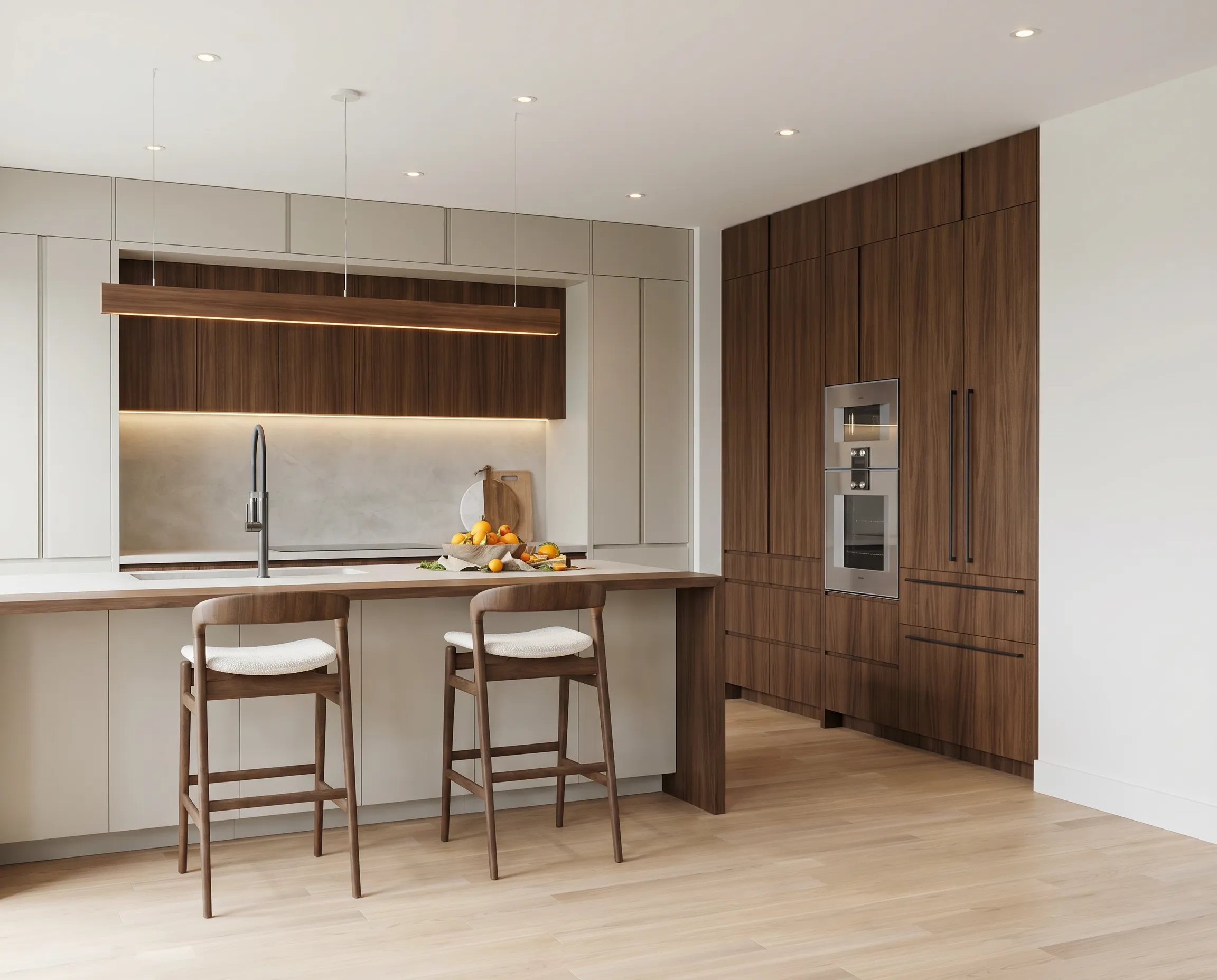 3D render of a minimalist walnut and white kitchen with cane bar stools
